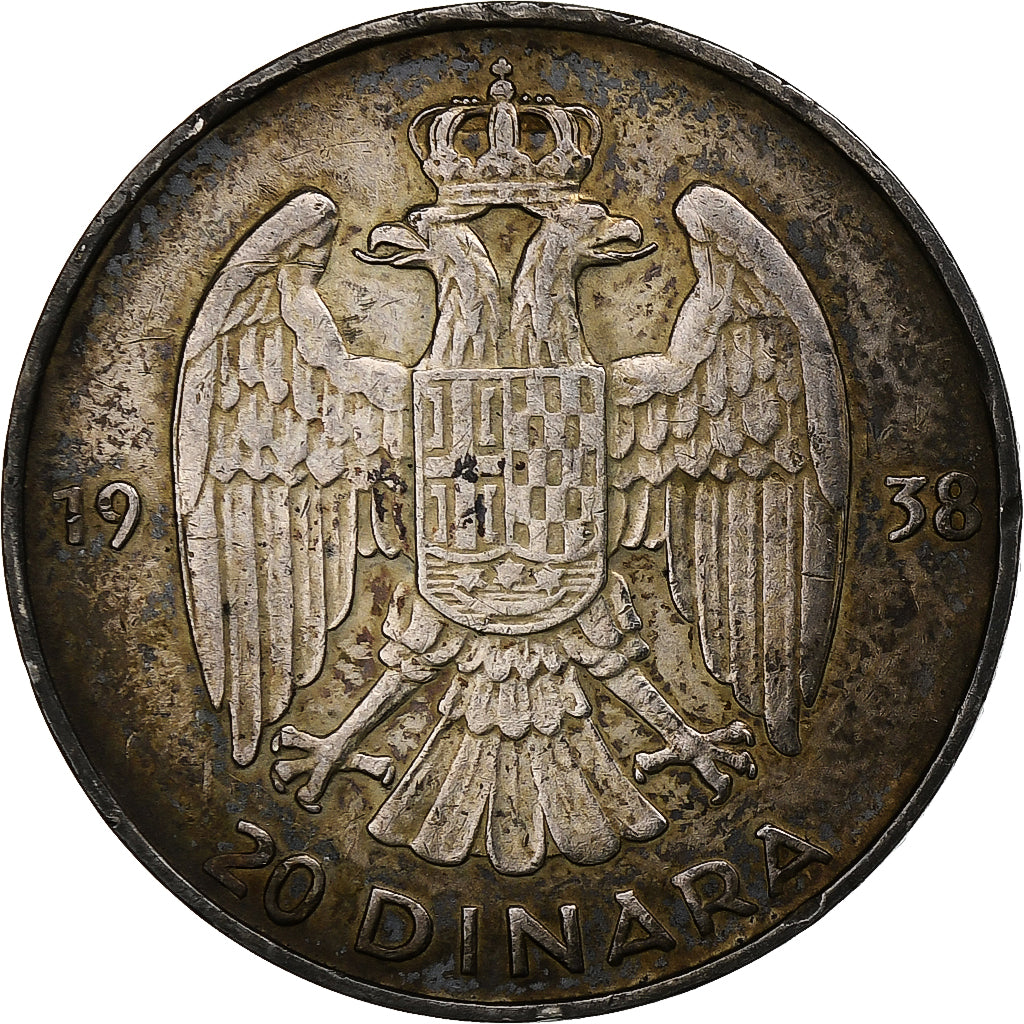 Yugoslavia, Petar II, 20 Dinara, 1938, Silver, EF(40-45), KM:23
