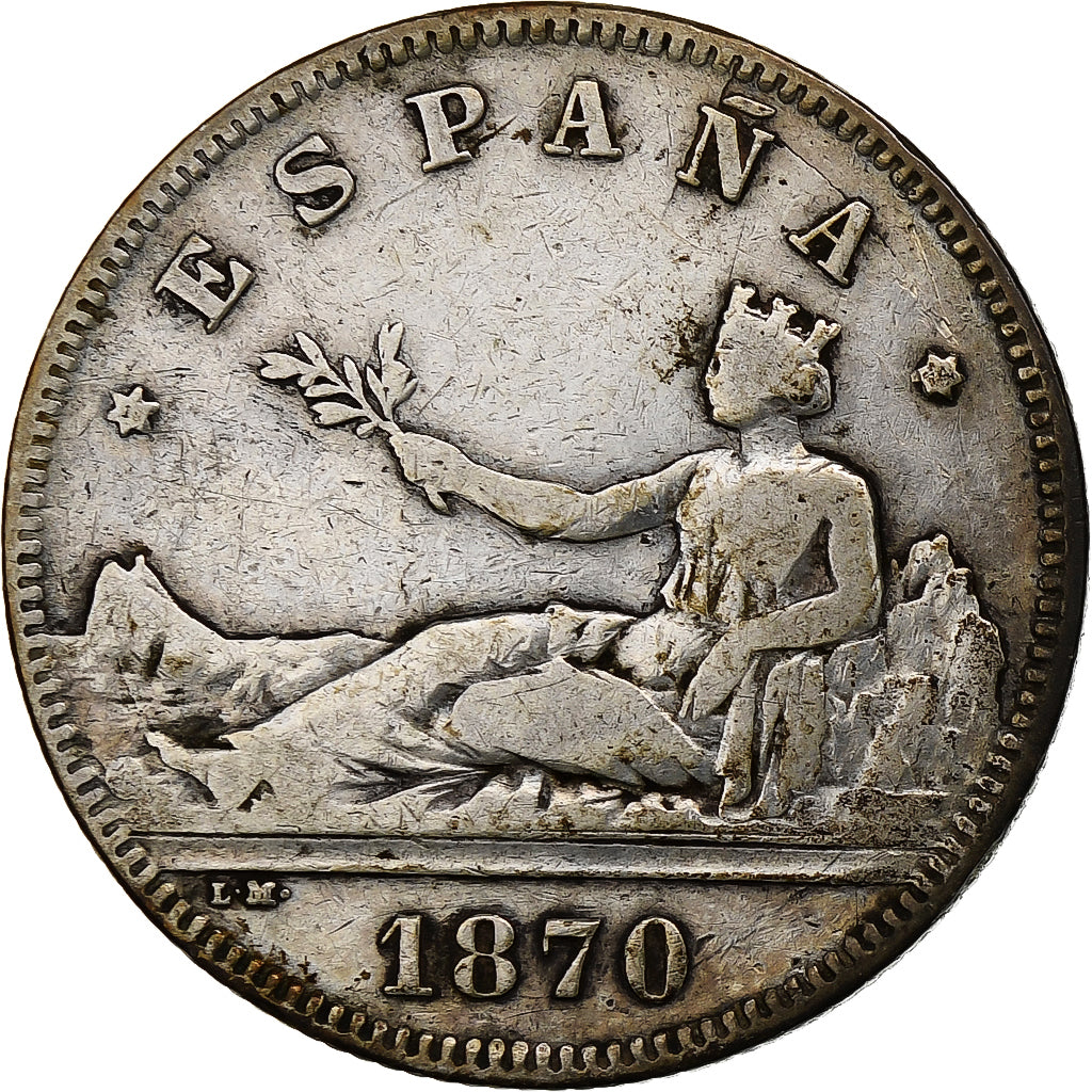 Hiszpania, Provisional Government, 2 Pesetas, 1870, Madrid, Srebro, VF(30-35)