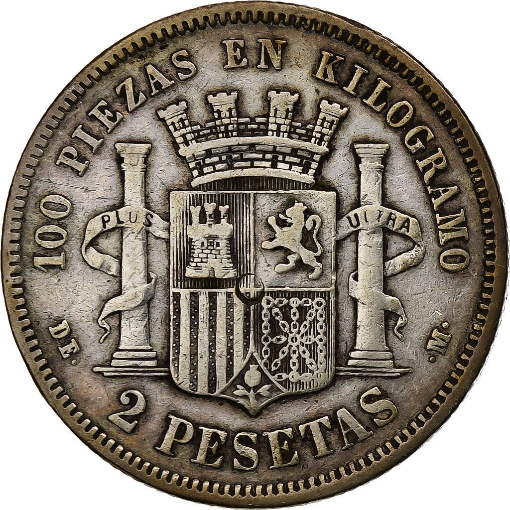 Hiszpania, Provisional Government, 2 Pesetas, 1870, Madrid, Srebro, VF(30-35)