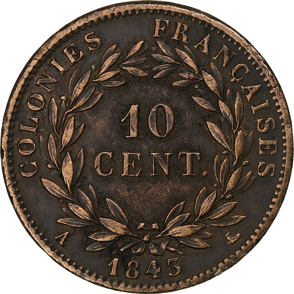 FRENCH COLONIES, Louis - Philippe, 10 Centimes, 1843, Paris, Bronze, EF(40-45)