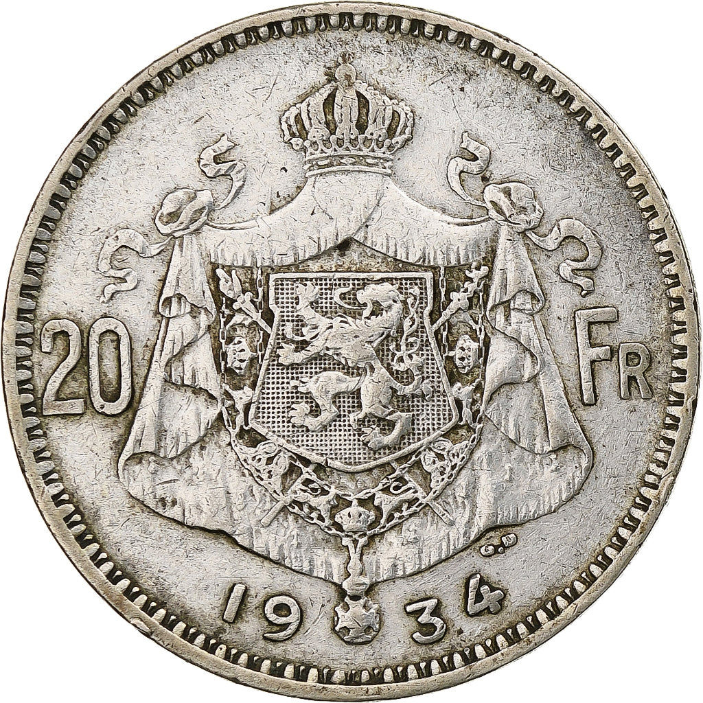 Belgium, Albert I, 20 Francs, 20 Frank, 1934, Silver, EF(40-45), KM:104.1