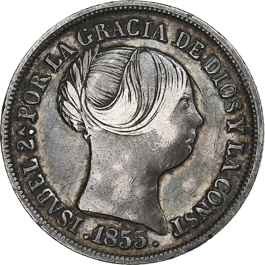 España, Isabel II, 2 Reales, 1855, Madrid, Plata, BC+, KM:599.1
