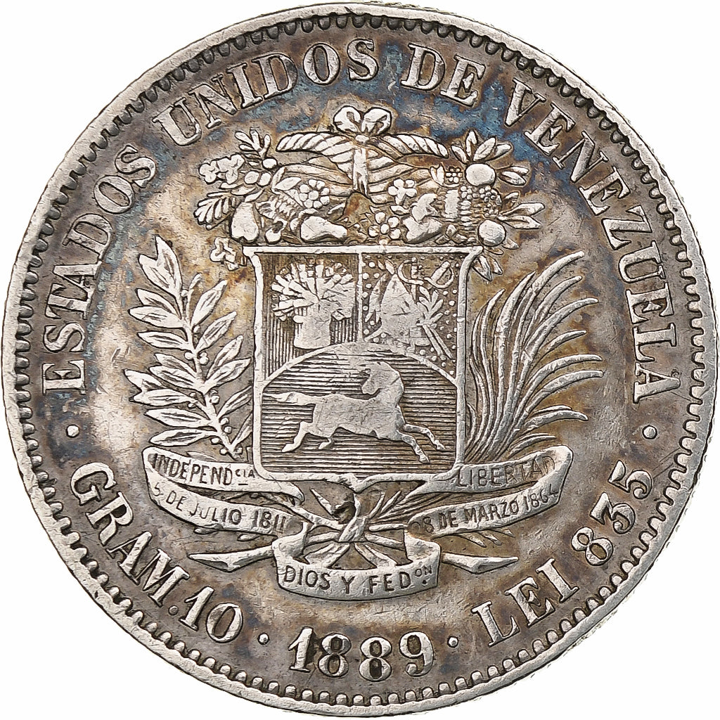 Venezuela, Gram 10, 2 Bolivares, 1889, Rare, Silver, VF(30-35), KM:23