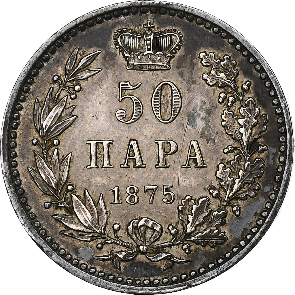 Serbia, Milan I, 50 Para, 1875, Plata, MBC+, KM:4