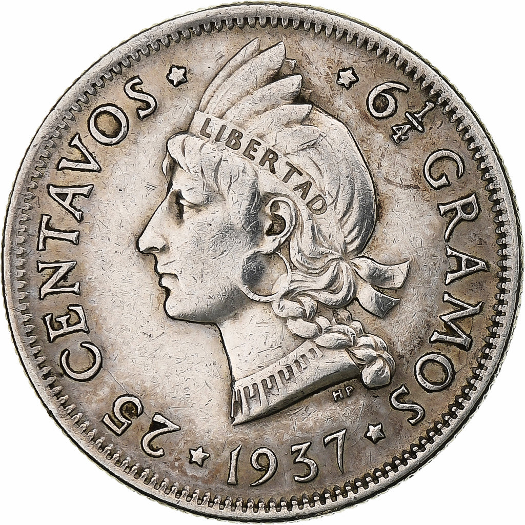 República Dominicana, 25 Centavos, 1937, Plata, MBC+, KM:20