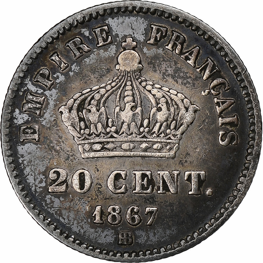 France, Napoleon III, 20 Centimes, 1867, Strasbourg, Silver, EF(40-45)