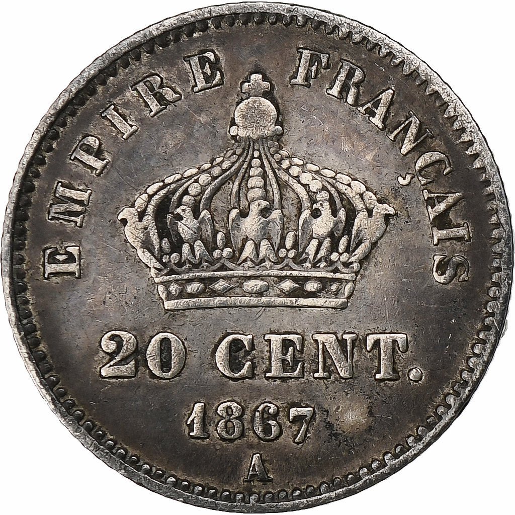 France, Napoléon III, 20 Centimes, 1867, Paris, Argent, TB+, Gadoury:309