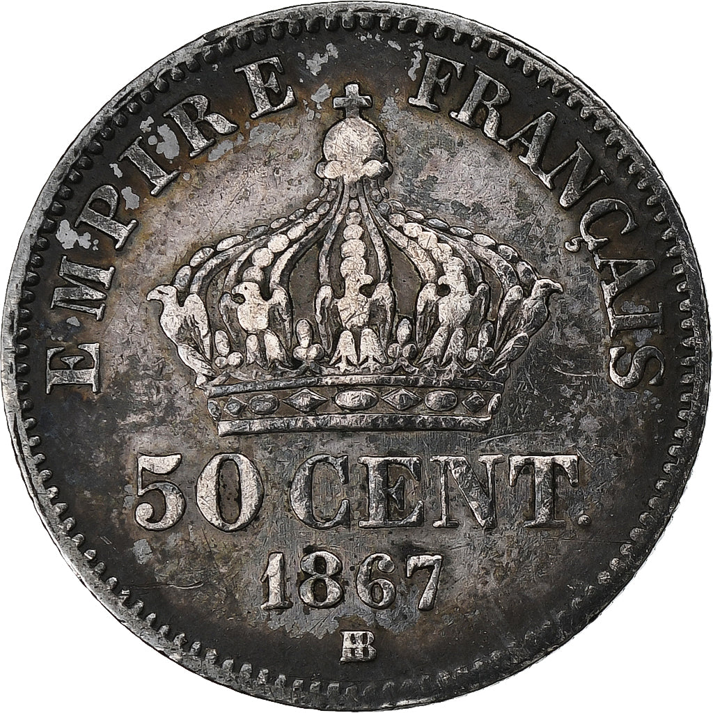 France, Napoleon III, 50 Centimes, 1867, Strasbourg, Silver, EF(40-45)