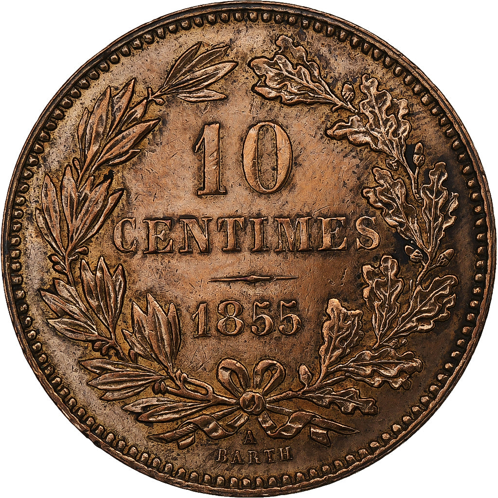 Luxembourg, William III, 10 Centimes, 1855, Paris, Bronze, AU(50-53), KM:23.2