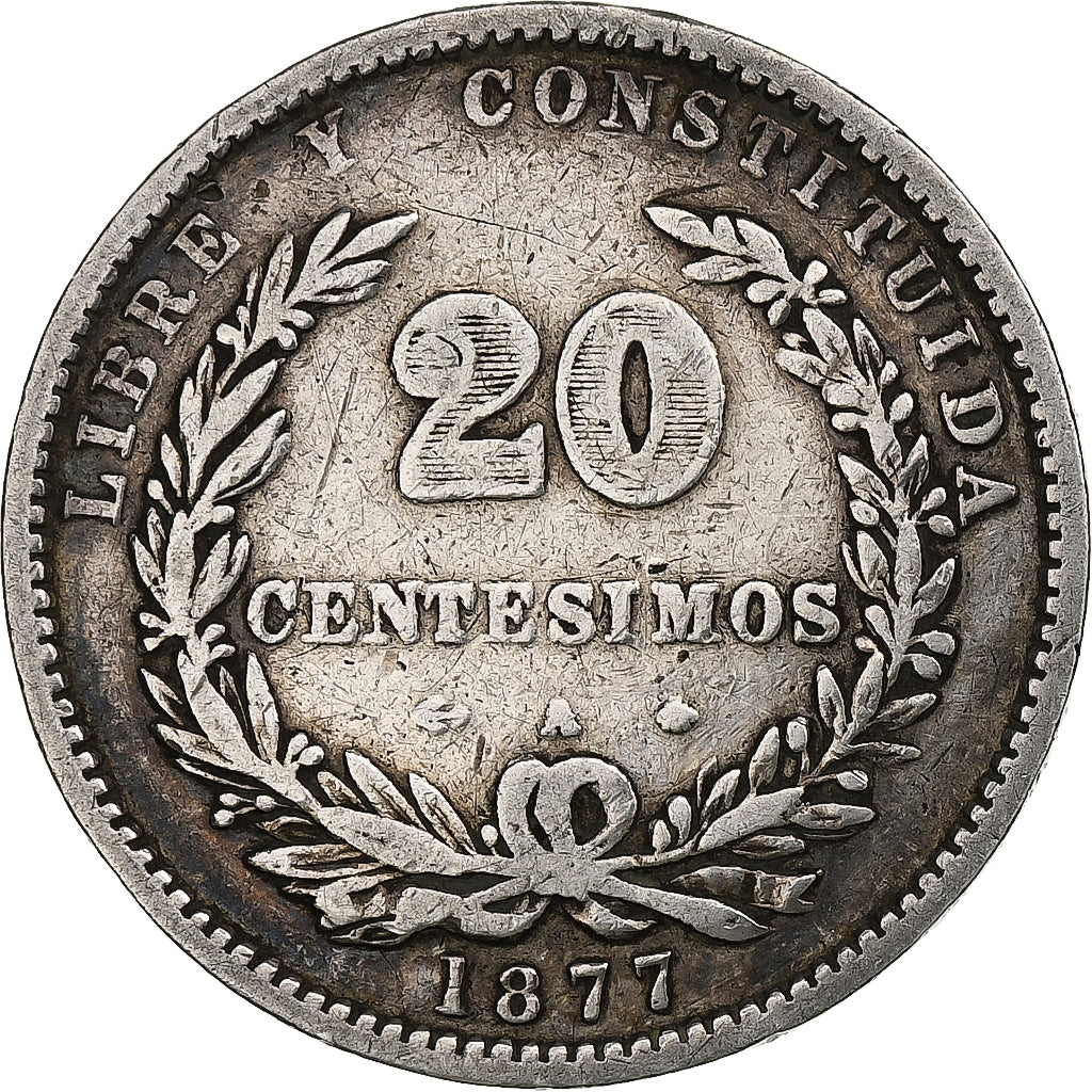 Uruguay, 20 Centesimos, 1877, Uruguay Mint, Silver, VF(30-35), KM:15