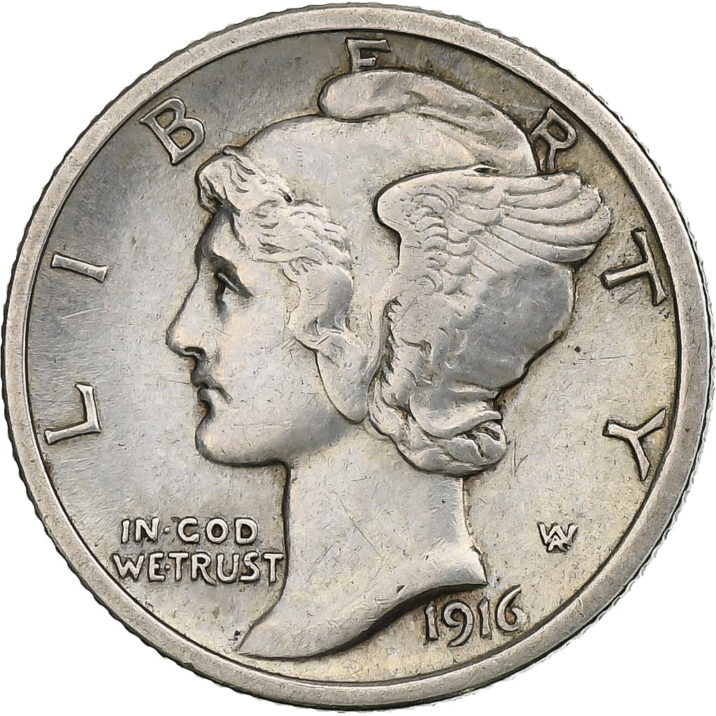 United States, Mercury Dime, 1916, Philadelphia, Silver, AU(50-53), KM:140