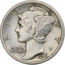 United States, Mercury Dime, 1916, Philadelphia, Silver, AU(50-53), KM:140