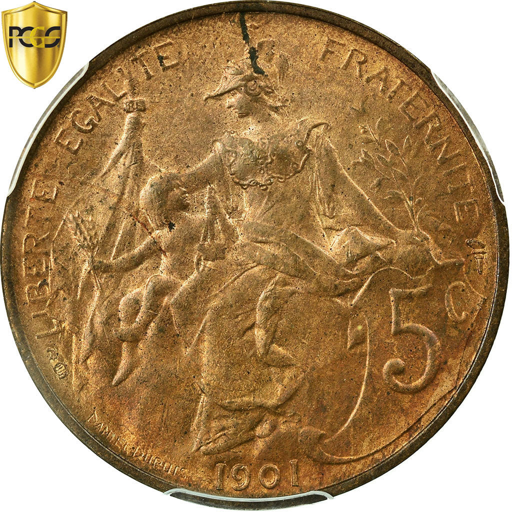 France, 5 Centimes, Dupuis, 1901, Paris, Bronze, PCGS, MS(64), Gadoury:165