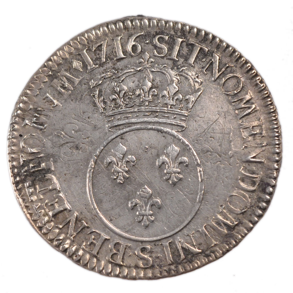 FRANCE, Écu Vertugadin, ECU, 1716, Reims, KM #414.18, AU(50-53), Silver, Gadoury