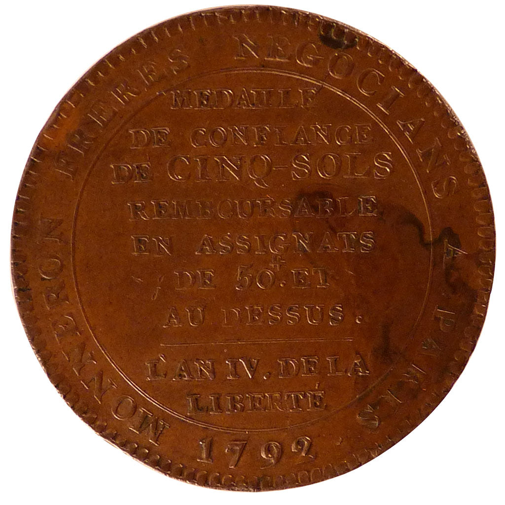 FRANCE, 5 Sols, 1792, Birmingham, AU(55-58), Bronze, Brandon #223B, 28.10