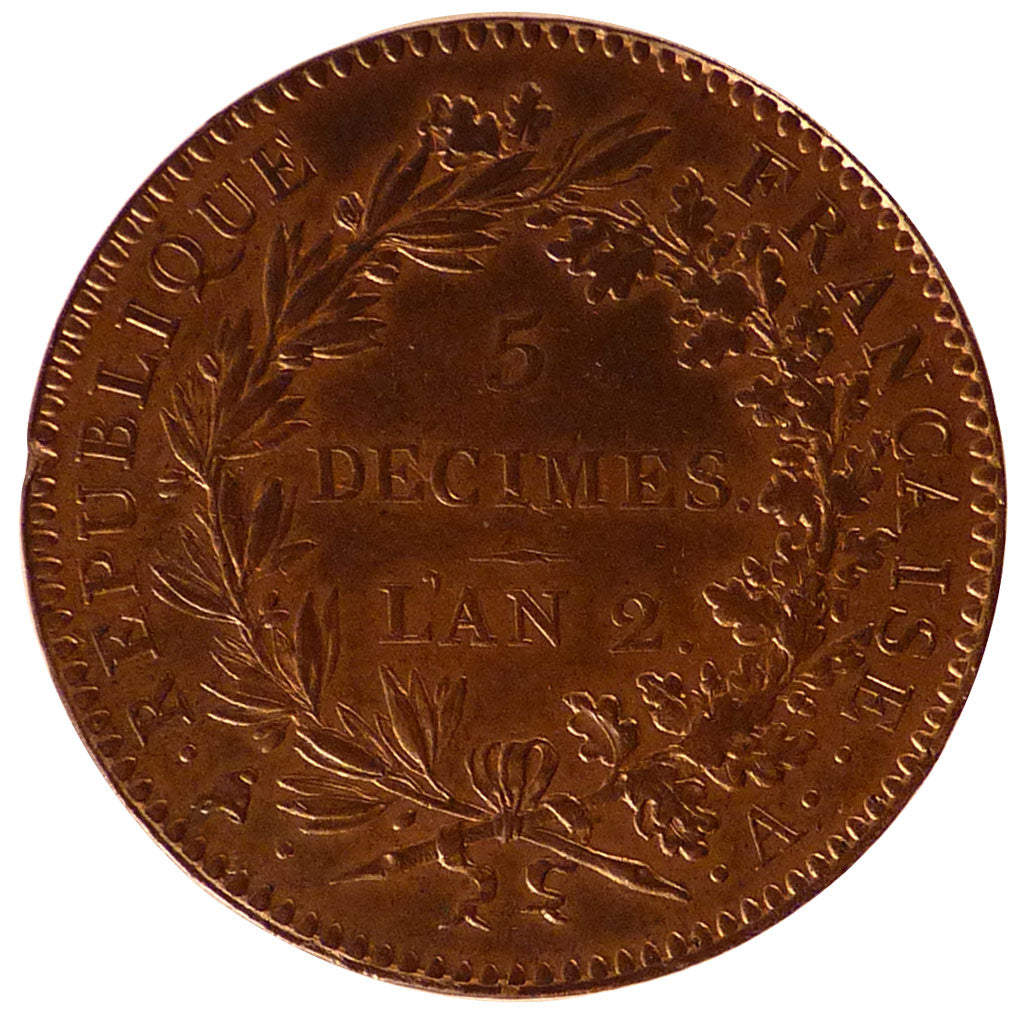 FRANCE, 5 Décimess, 1794, Paris, MS(60-62), Bronze, Brandon #98, 25.30