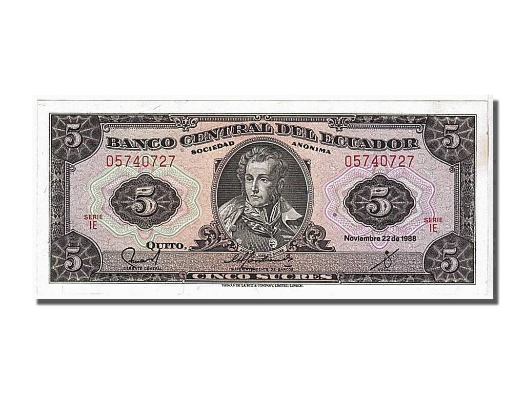 Banknote, Ecuador, 5 Sucres, 1988, 1988-11-22, KM:120A, UNC(65-70)