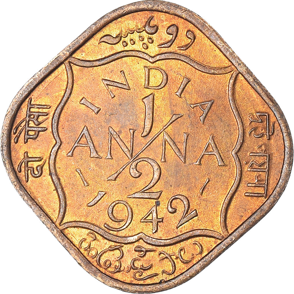 Moneda, INDIA BRITÁNICA, 1/2 Anna, 1942