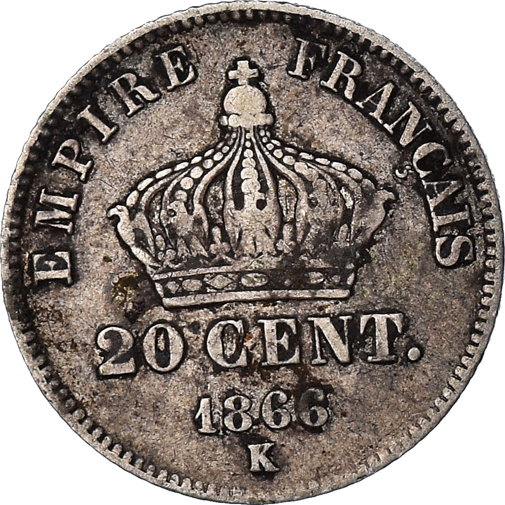 Moneda, Francia, Napoleon III, Napoléon III, 20 Centimes, 1866, Bordeaux, BC+