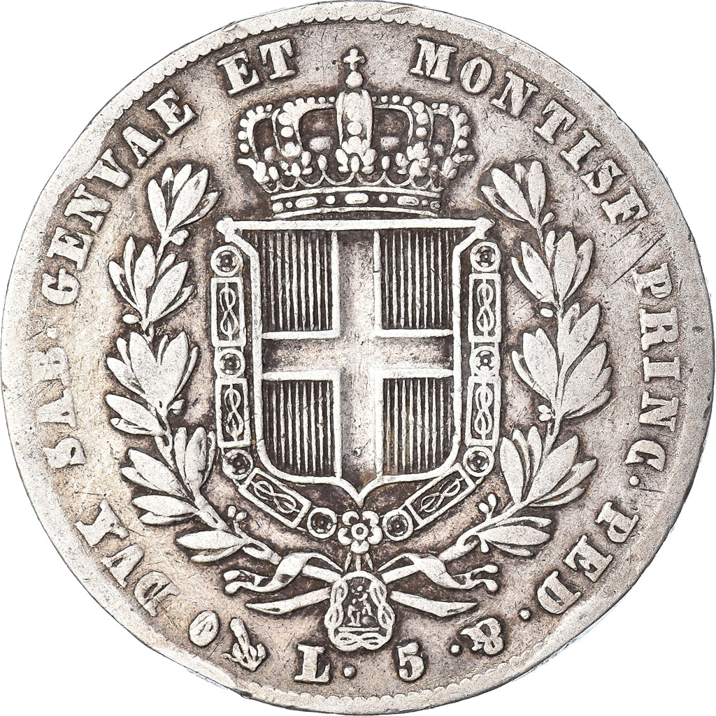 Moneda, Estados italianos, SARDINIA, Carlo Alberto, 5 Lire, 1835, Genoa, BC+