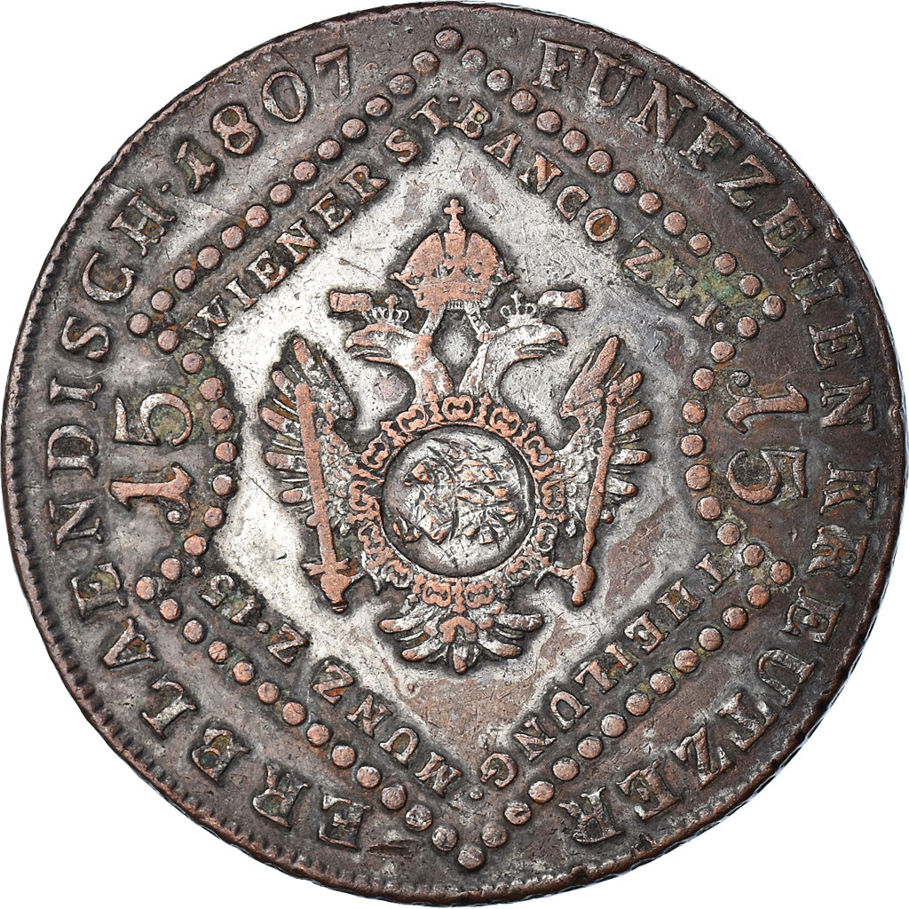 Moneta, Austria, Franz II (I), 15 Kreuzer, 1807, Schmollnitz, VF(30-35), Miedź