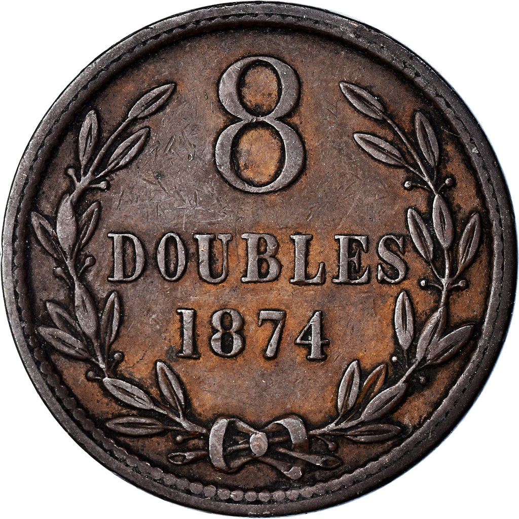 Coin, Guernsey, 8 Doubles, 1874, Heaton, Birmingham, EF(40-45), Bronze, KM:7