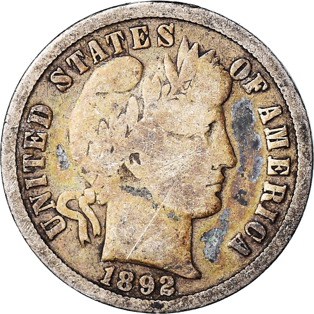 Coin, United States, Barber Dime, Dime, 1892, U.S. Mint, Philadelphia