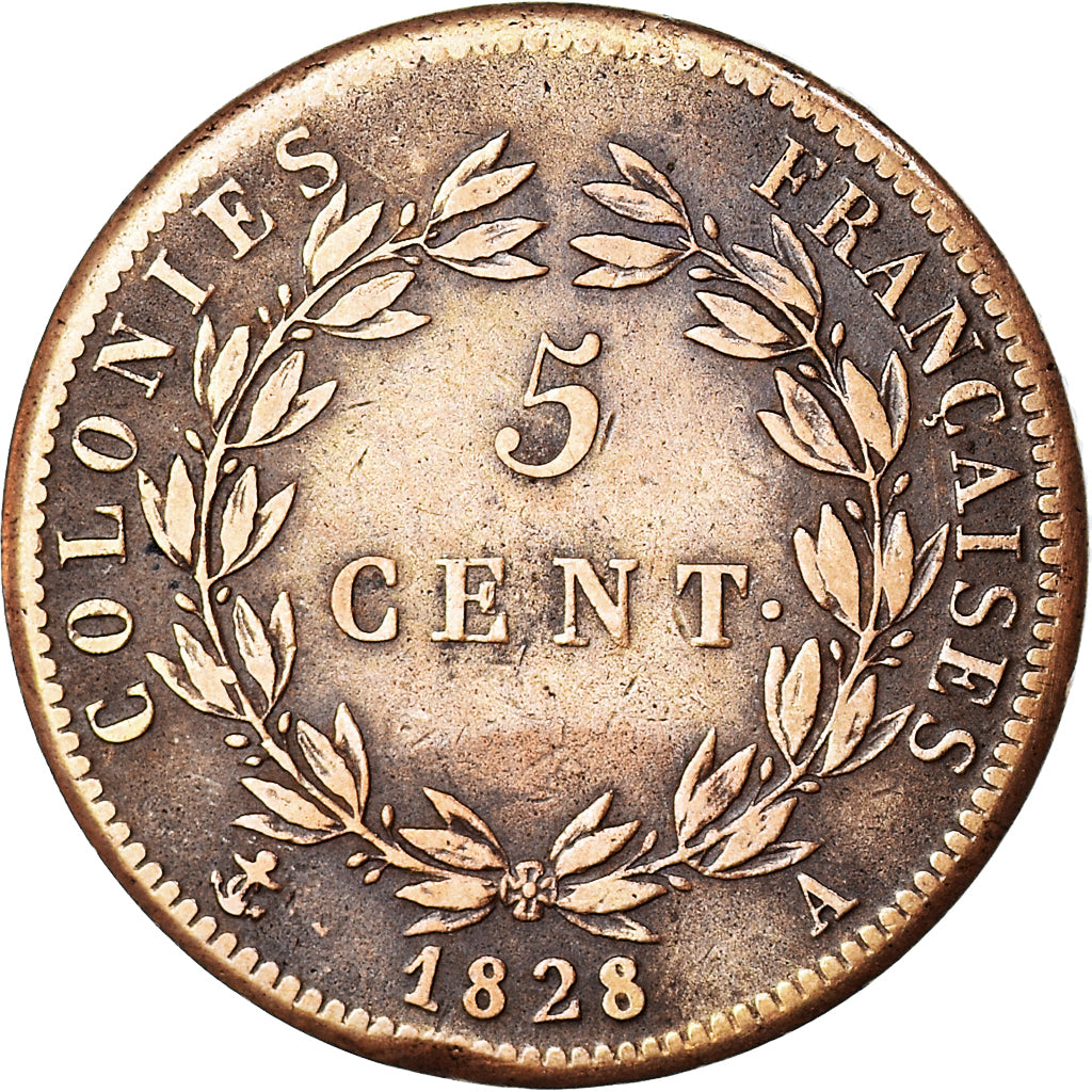 Coin, FRENCH COLONIES, Charles X, 5 Centimes, 1828, Paris, AU(50-53), Bronze