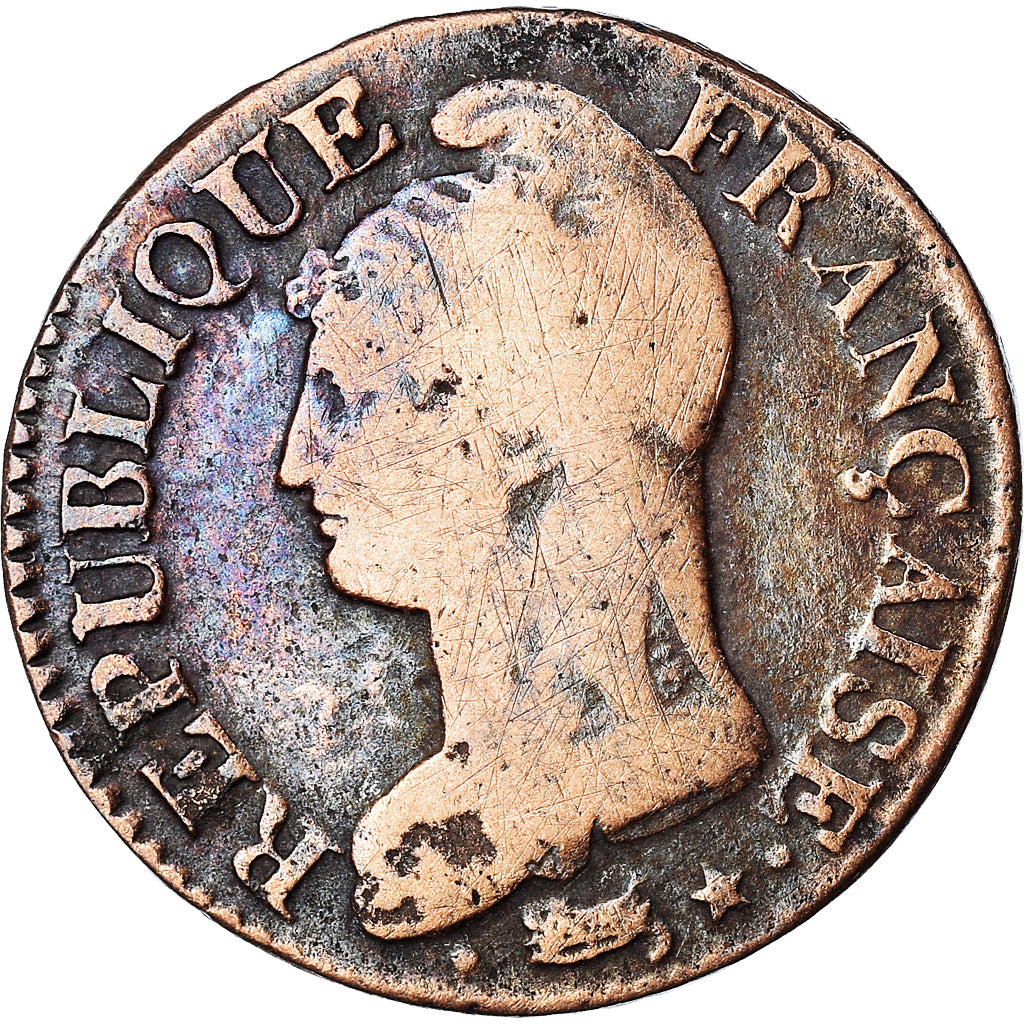 Moneta, Francia, Dupré, 5 Centimes, AN 8, Metz, MB, Bronzo, KM:640.2