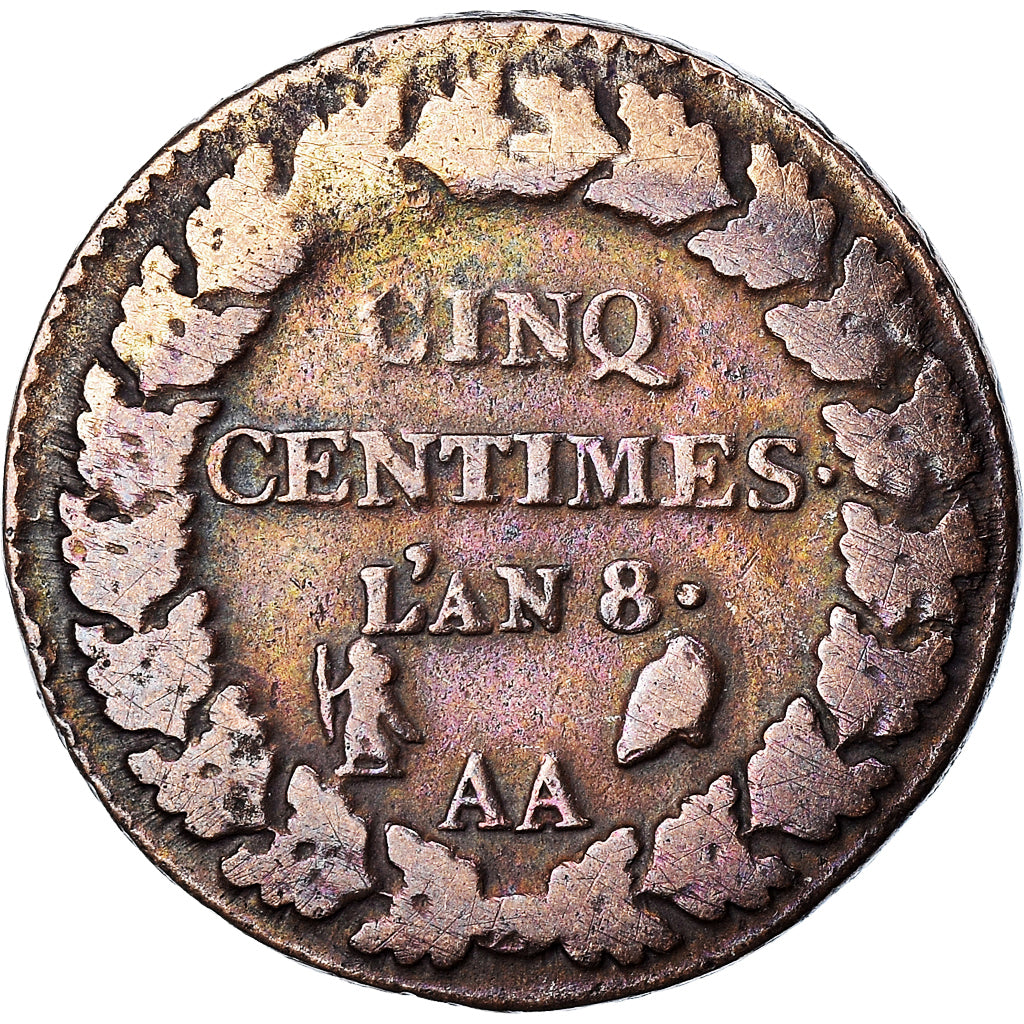 Moneta, Francia, Dupré, 5 Centimes, AN 8, Metz, MB, Bronzo, KM:640.2