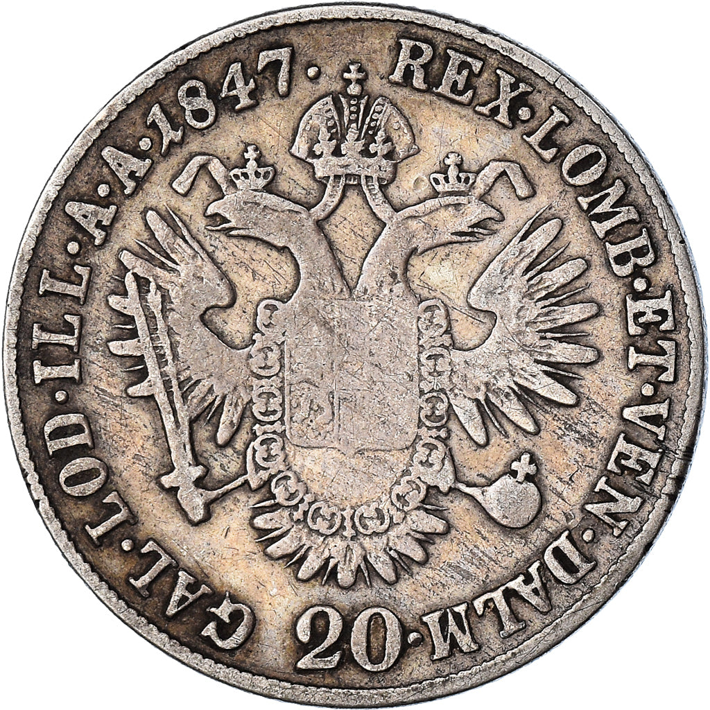 Coin, Austria, Ferdinand I, 20 Kreuzer, 1847, Karlsburg, VF(20-25), Silver
