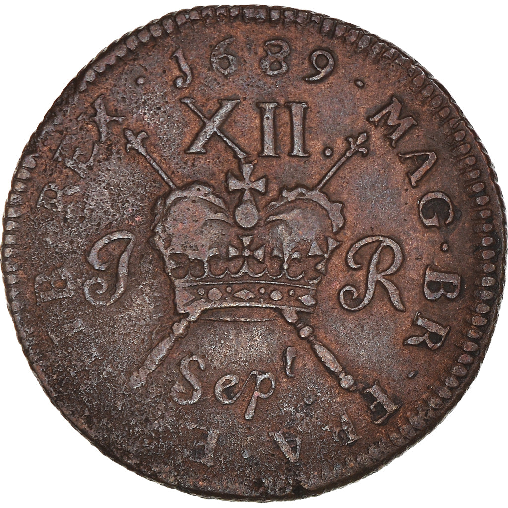 Monnaie, Irlande, Jacques II, Gunmoney, Shilling, sept 1689, TTB, Laiton, KM:94