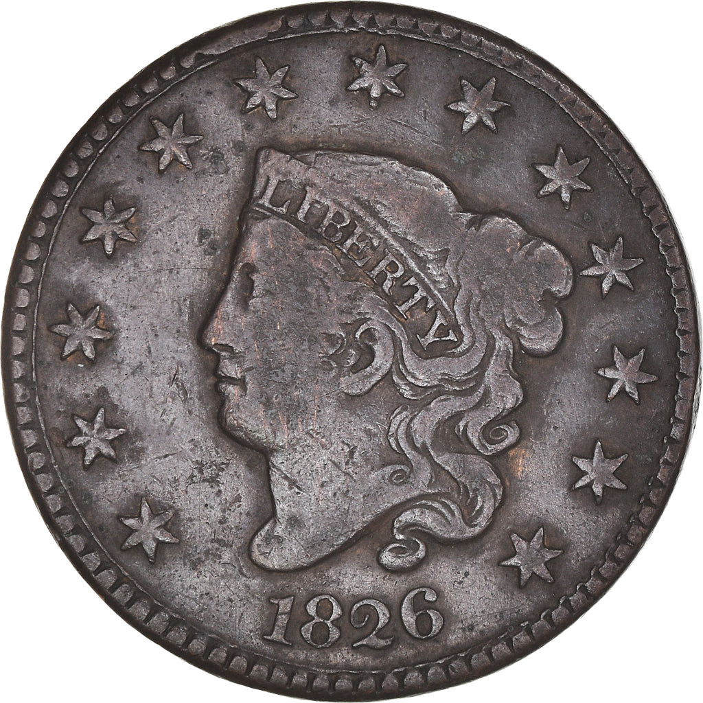 Coin, United States, Coronet Cent, Cent, 1826, U.S. Mint, Philadelphia