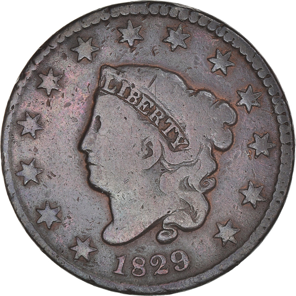 Coin, United States, Coronet Cent, Cent, 1829, U.S. Mint, Philadelphia