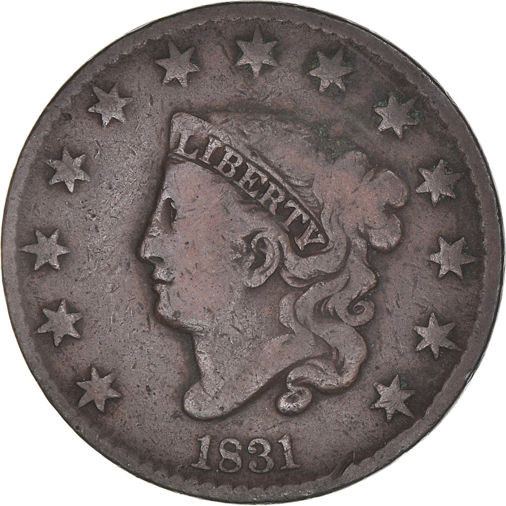Coin, United States, Coronet Cent, Cent, 1831, U.S. Mint, Philadelphia