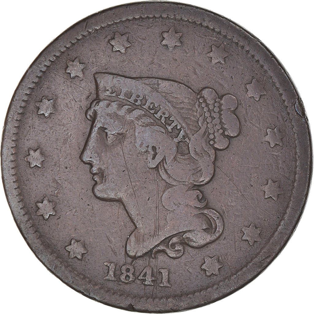 Coin, United States, Braided Hair Cent, Cent, 1841, U.S. Mint, Philadelphia