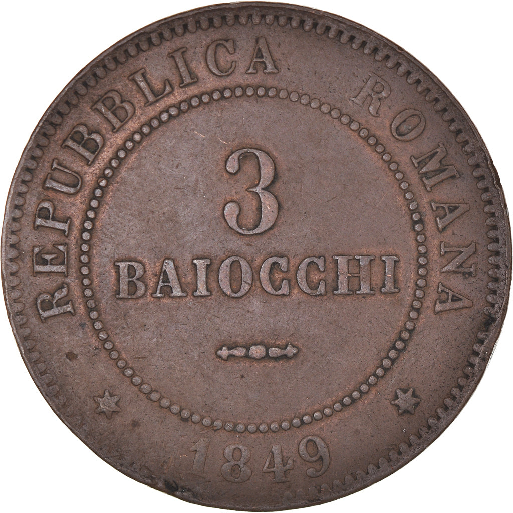 Monnaie, États italiens, ROMAN REPUBLIC, 3 Baiocchi, 1849, Rome, TTB, Cuivre