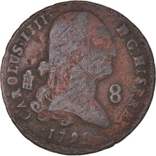 Moneda, España, Charles IV, 8 Maravedis, 1791, Segovia, BC+, Cobre, KM:428