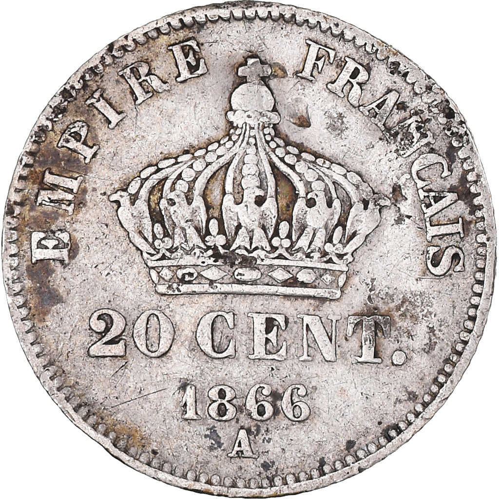 Moneda, Francia, Napoleon III, Napoléon III, 20 Centimes, 1866, Paris, BC+