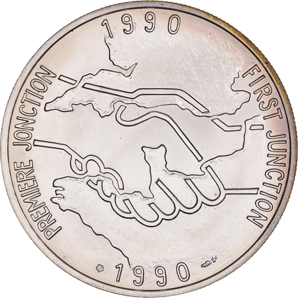 Francia, medaglia, Tunnel sous la Manche, Première Jonction, 1990, FDC, Argento