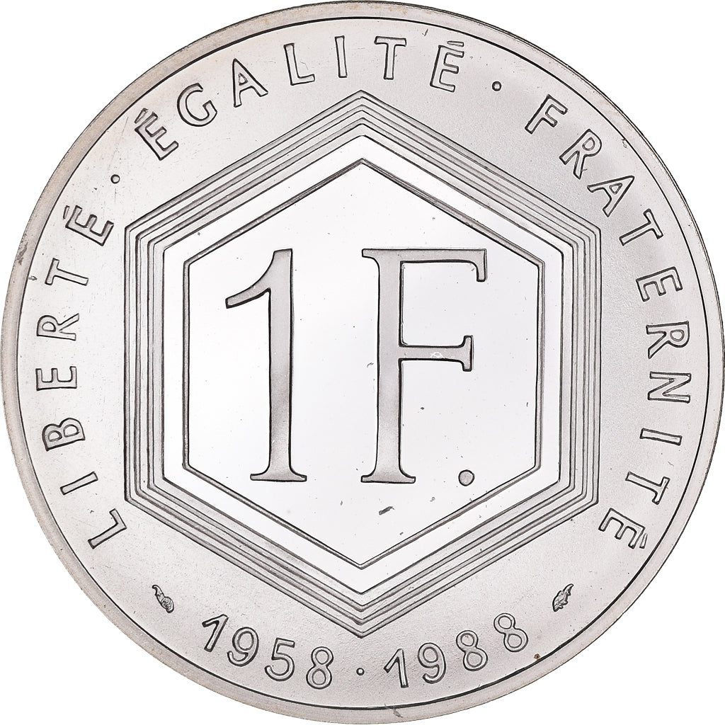Coin, France, Charles de Gaulle, Franc, 1988, Paris, MS(65-70), Silver, KM:978