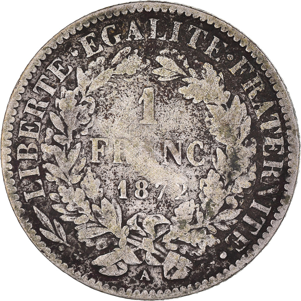 Coin, France, Cérès, Franc, 1872, Paris, Small A, VF(20-25), Silver, KM:822.1