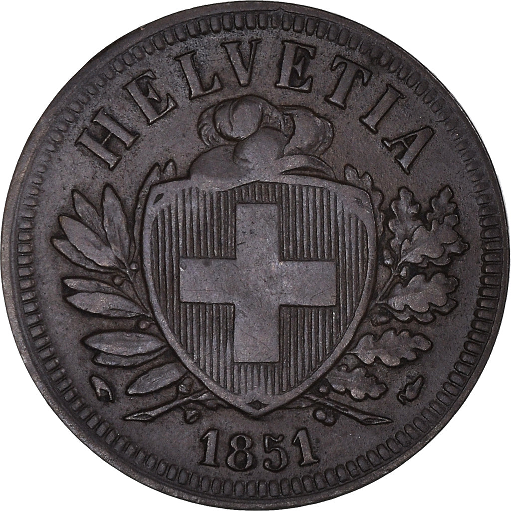 Moneda, Suiza, 2 Rappen, 1851, Paris, MBC, Bronce, KM:4.1