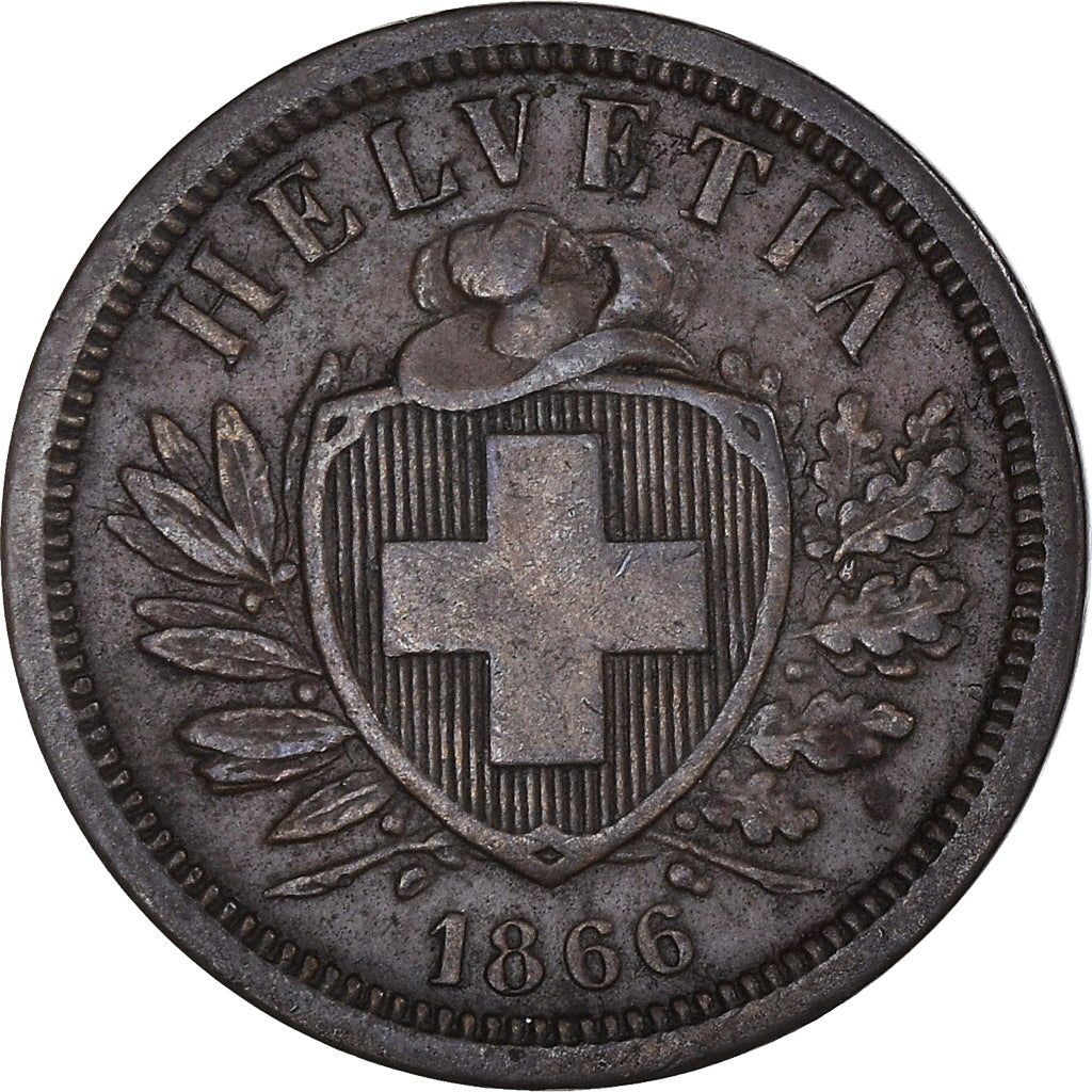 Coin, Switzerland, 2 Rappen, 1866, Bern, EF(40-45), Bronze, KM:4.1