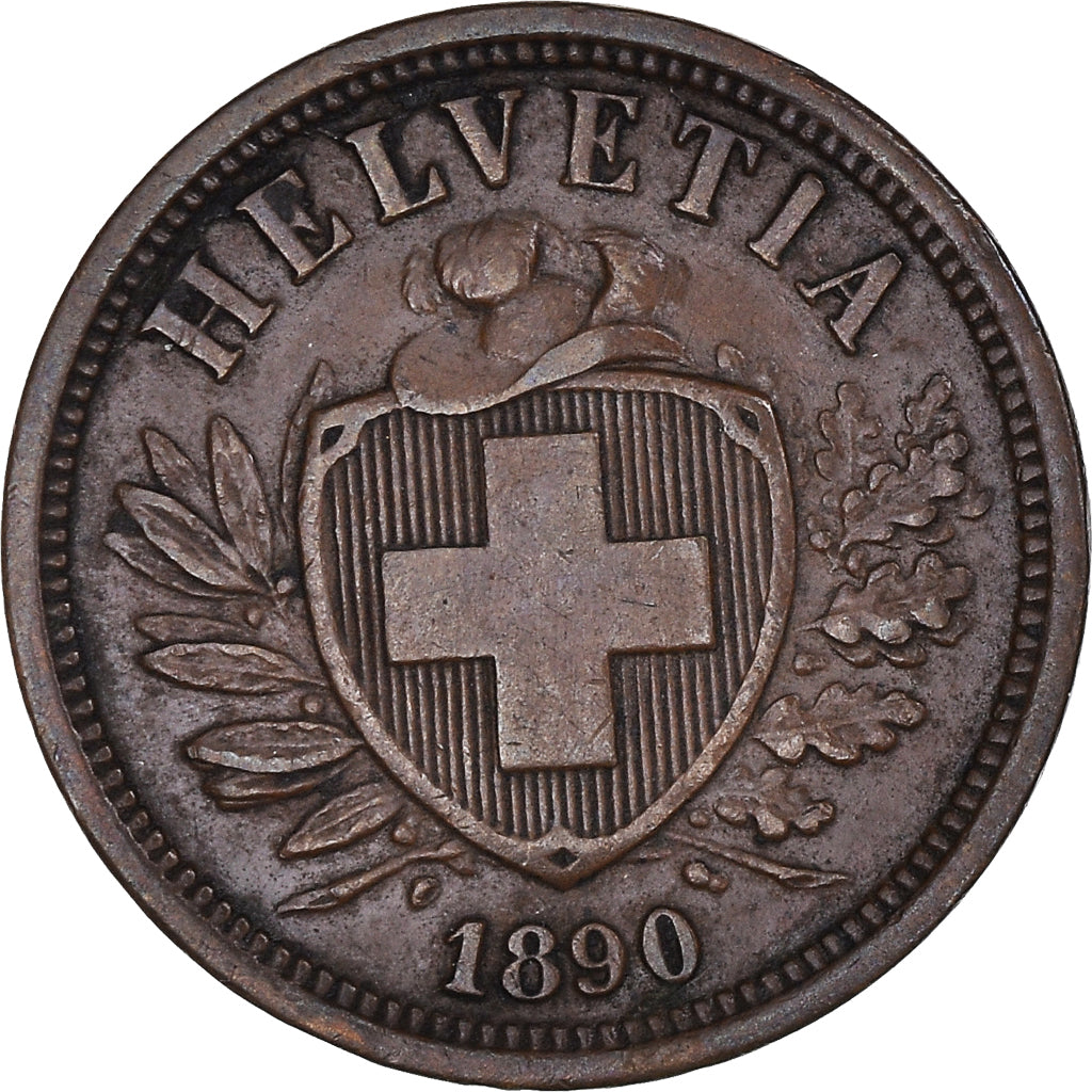 Munten, Zwitserland, 2 Rappen, 1890, Bern, ZF, Bronzen, KM:4.1