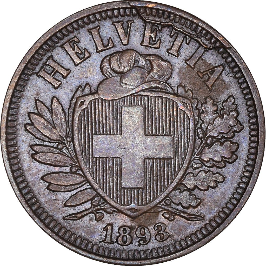 Coin, Switzerland, 2 Rappen, 1893, Bern, EF(40-45), Bronze, KM:4.2