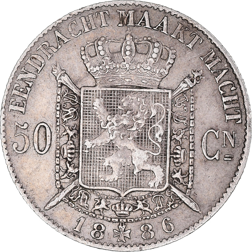 Moeda, Bélgica, Leopold II, 50 Centimes, 1886, Brussels, AU(55-58), Prata