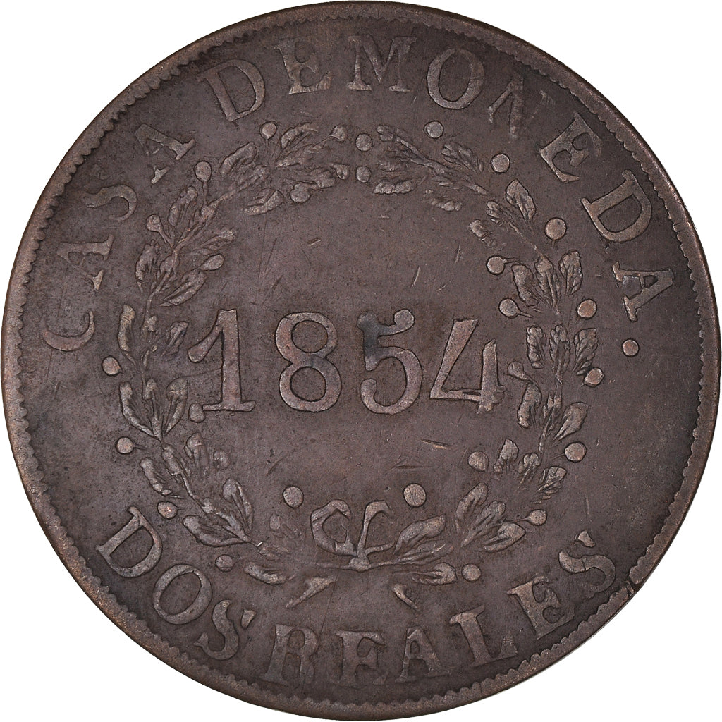 Moneda, Argentina, BUENOS AIRES, 2 Reales, 1854, Buenos Aires, BC+, Cobre, KM:9