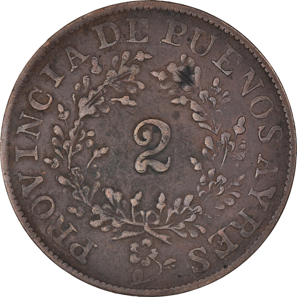 Moneda, Argentina, BUENOS AIRES, 2 Reales, 1854, Buenos Aires, BC+, Cobre, KM:9