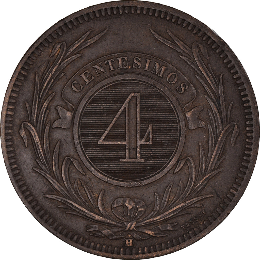 Coin, Uruguay, 4 Centesimos, 1869, Uruguay Mint, Birmingham, AU(50-53), Bronze